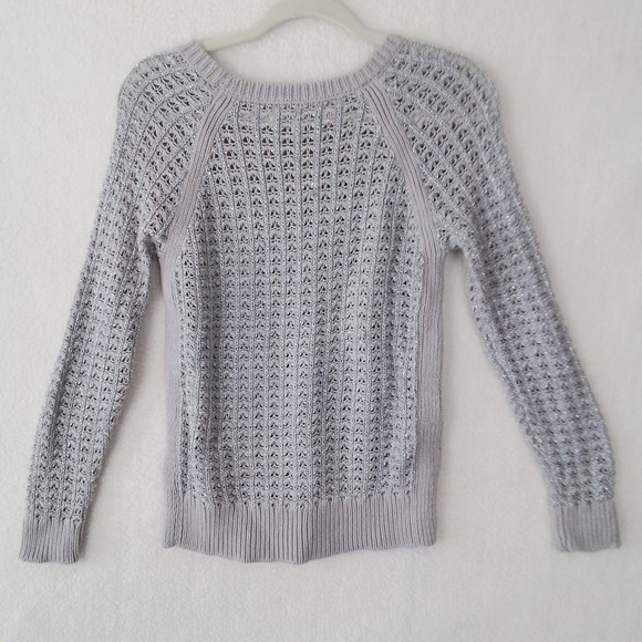 Loft Open Knit Sweater Size Small in Beige w/ Metallic Silver Threads - Picture 2 of 11